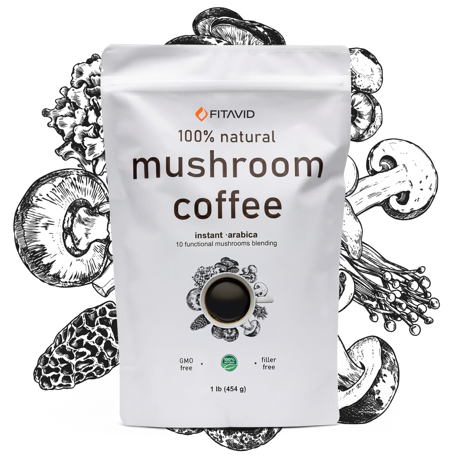 FITAVID Mushroom Coffee package with mushroom illustrations